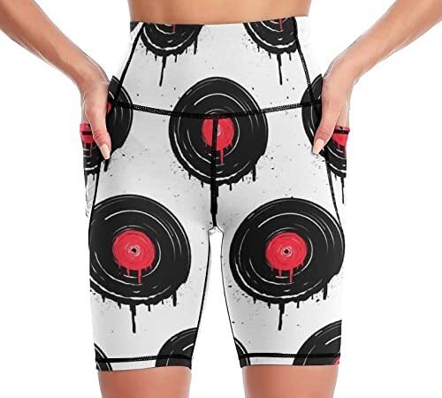 Yoga Short Disques Vinyles Fondus avec Gouttes Legging 1/2 Taille Haute Femme Pantalon