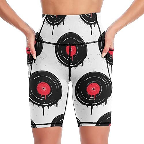 Yoga Short Disques Vinyles Fondus avec Gouttes Legging 1/2 Taille Haute Femme Pantalon