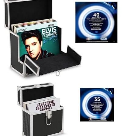 Retro musique Mallette de rangement en aluminium de 30,5 cm pour disques vinyles avec rabat avant pliable unique pour un meilleur accès à vos disques vinyles – Peut contenir jusqu&rsquo;à 40 disques vinyles