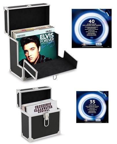 Retro musique Mallette de rangement en aluminium de 30,5 cm pour disques vinyles avec rabat avant pliable unique pour un meilleur accès à vos disques vinyles – Peut contenir jusqu&rsquo;à 40 disques vinyles
