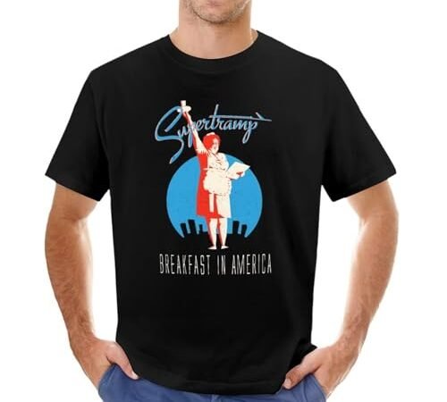 LSNUO Supertramp Breakfast in America t-ShirtDark T-Shirt Edition t Shirt Short Sleeve Black t Shirts for Men