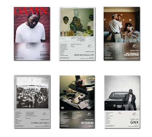 Kendrick Lamar Lot de 6 affiches en édition limitée sans cadre 20 x 30 cm – Décoration murale pour salon, chambre à coucher