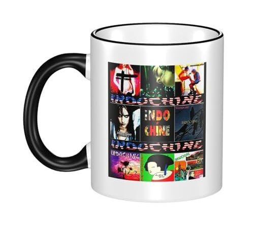 RUOPASWEAST For Indochine-Rock Band Tasse en céramique 330 ml avec bord coloré – Tasse avec logo de groupe de rock des années 80 – Tasse à thé et café hip-hop, cadeau pour mélomane