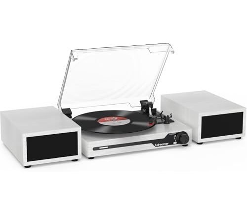 Udreamer Platine Vinyle avec 2 Haut-parleurs Stéréo Doubles, Vintage Tourne-disqu Bluetooth 5.3 Prend en Charge 3 Vitesses, Entrée Auxiliaire, Ligne RCA, USB,Lecture sans Fil, Blanc