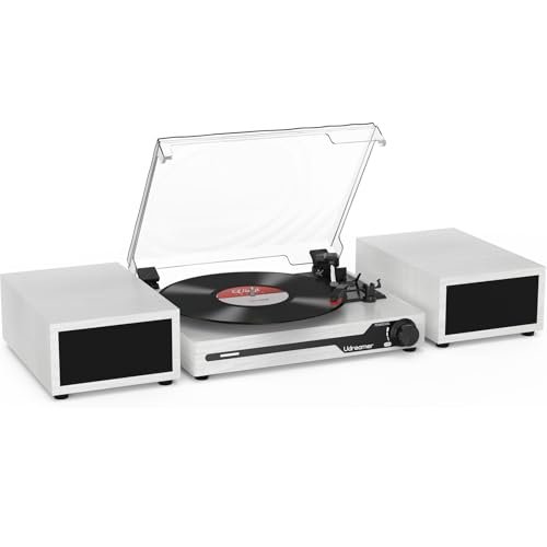 Udreamer Platine Vinyle avec 2 Haut-parleurs Stéréo Doubles, Vintage Tourne-disqu Bluetooth 5.3 Prend en Charge 3 Vitesses, Entrée Auxiliaire, Ligne RCA, USB,Lecture sans Fil, Blanc