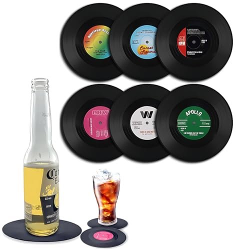 AUEFUDQ Lot de 6 sous-verres, disque en vinyle (LP), style rétro, antidérapants, pour la tasse, le café et les boissons