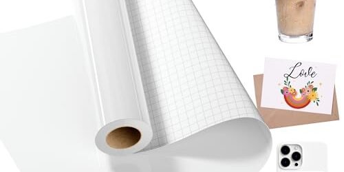 LIKCUT Vinyle Adhésif Blanc Brillant, 30,5 cm × 457,2 cm Rouleau de Vinyle Permanent pour Tous Plotters de Découpe, Vinyle Adhésif pour Cadeaux de Bricolage, Mug