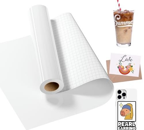 LIKCUT Vinyle Adhésif Blanc Brillant, 30,5 cm × 457,2 cm Rouleau de Vinyle Permanent pour Tous Plotters de Découpe, Vinyle Adhésif pour Cadeaux de Bricolage, Mug