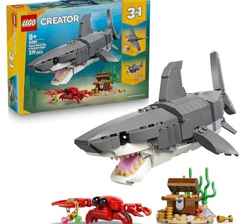 LEGO Creator 3-en-1 Le Redoutable Requin et Le Coffre au Trésor – Figurine d’animal Marin se Transformant en Baudroie ou Raie Manta – Décoration – Cadeau Original pour Garçon ou Fille dès 8 Ans 31381