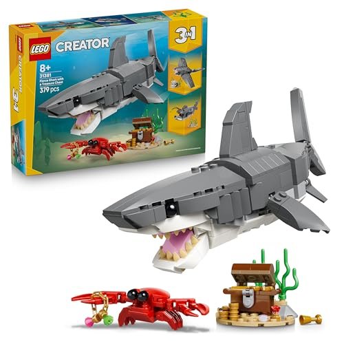 LEGO Creator 3-en-1 Le Redoutable Requin et Le Coffre au Trésor – Figurine d’animal Marin se Transformant en Baudroie ou Raie Manta – Décoration – Cadeau Original pour Garçon ou Fille dès 8 Ans 31381