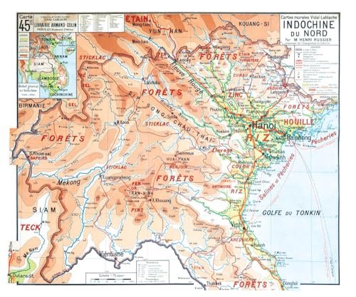 Carte Vidal Lablache 45 BIS – INDOCHINE DU NORD – 120 x 100 cm (reproduction ancienne carte scolaire) – Bâche 340 g/m²